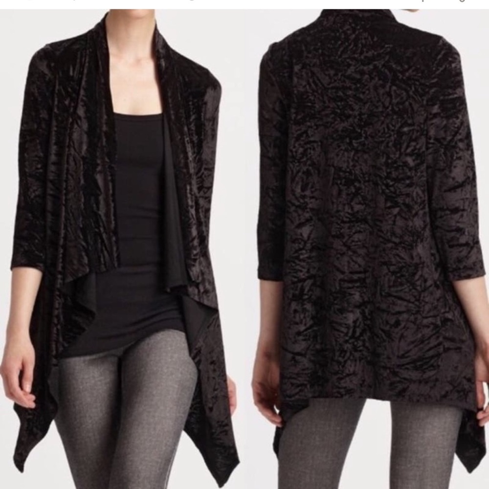Alice + Olivia black velvet open front cardigan draped 3/4 sleeves